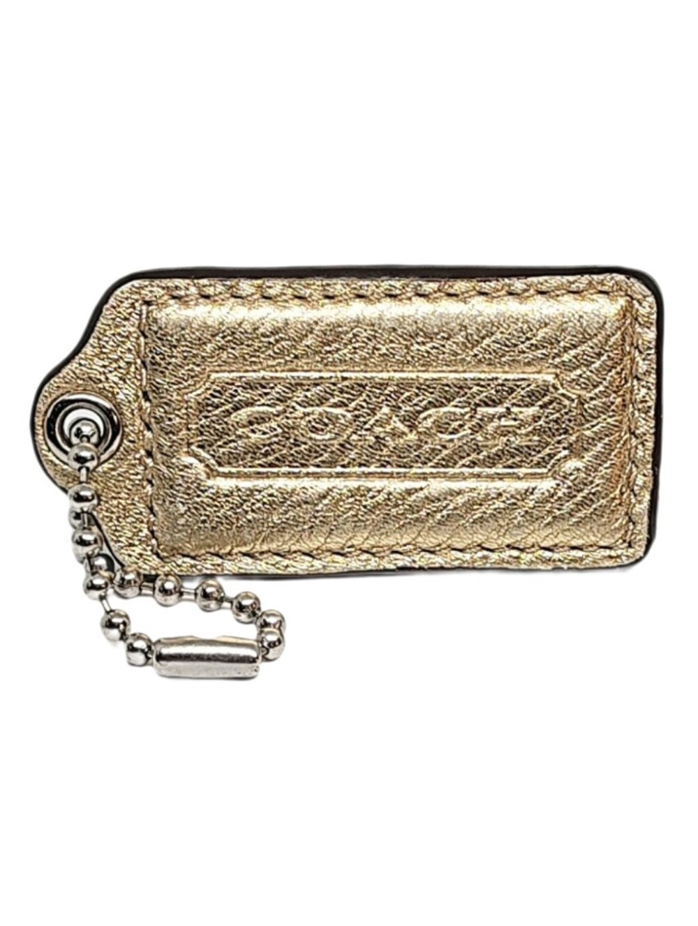 🏷️ 2.5" Coach Metallic Gold Pebbled Leather Hangtag Bag Fob Charm Keychain Y2K - Picture 2 of 5
